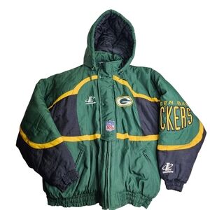 90s Logo Athletic Pro Line Green Bay Packers Puffer Jacket Hooded Coat XL Read